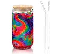 SDEGTHO Joli verre coloré imprimé tie dye avec paille en verre 473,6 g pour bière, café glacé, whisky, cadeau