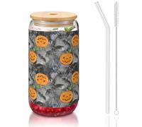 SDEGTHO Lunettes d'Halloween grises chauve-souris araignée citrouille avec paille en verre 473,6 g pour bière, café glacé, whisky, cadeau