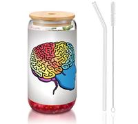 SDEGTHO Tasses en verre avec couvercle et paille en verre avec impression de cerveau gauche et droit 473,6 g pour café, thé, soda