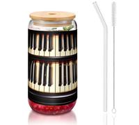 SDEGTHO Tasses en verre avec touches de piano avec impression de notes de musique avec couvercles et paille en verre 473,6 g pour café, thé, soda
