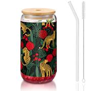 SDEGTHO Verres à boire mignons avec paille en verre imprimé léopard et roses 473,6 g pour bière, café glacé, whisky cadeau