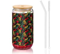 SDEGTHO Verres à boire mignons avec paille en verre imprimé léopard et roses 473,6 g pour bière, café glacé, whisky cadeau