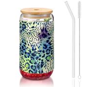 SDEGTHO Verres à boire mignons avec paille en verre imprimé léopard vert 473,6 g pour bière, café glacé, whisky cadeau