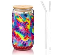 SDEGTHO Verres à boire mignons avec paille en verre imprimé Tie Dye pour bière, café glacé, whisky, cadeau de 473,6 g