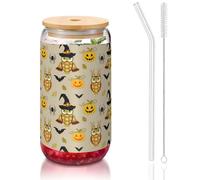 SDEGTHO Verres à boire mignons avec paille en verre pour Halloween, citrouille et hibou, 473,6 g pour bière, café glacé, whisky, cadeau