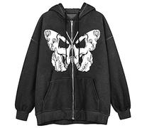 SDER Sweat Femme Sweat à Capuche Zippé Skull Dames Pull Sweat Oversize Graphique Veste Gothique avec Poches Veste Punk Chic Imprimé Papillon Top Ample Oversize Veste De Sport Japonaise Oversize RéTro