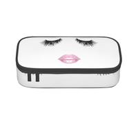 SdetYuia Trousse à crayons de grande capacité pour adultes avec imprimé cils et lèvres blanches, Noir , 8.3"x3.7"x2", Trousse à crayons