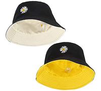 SDFAA 2 Pièces Chapeau de Seau en Coton, Pêche Unisexe, à la Mode, Mignon, Double Face Mode Avec Marguerites Brodées, Pour l'Extérieur, Voyage Noir + Jaune, Beige Negro