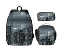 SDFCUMDM Aerial Night of View Hong Kong Imprimer Cartable + Trousse + Sac Déjeuner Combiné pour un usage quotidien, Noir , Taille unique