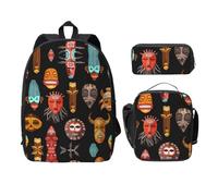 SDFCUMDM African Ritual Ethnique Masques Tribal Imprimé Cartable + Trousse + Sac à Déjeuner Combinaison Usage quotidien, Noir , Taille unique