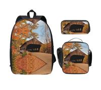 SDFCUMDM Albany Sac d'école avec imprimé pont couvert + trousse à crayons + sac à déjeuner pour un usage quotidien, Noir , Taille unique