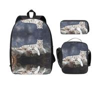 SDFCUMDM Albino Tiger assis sur un rocher Sac d'école + Trousse + Sac à déjeuner Combinaison pour un usage quotidien, Noir , Taille unique