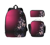 SDFCUMDM Beau sac d'école imprimé papillons + trousse + sac à déjeuner pour un usage quotidien, Noir , Taille unique