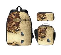 SDFCUMDM Cartable à imprimé chat marron drôle + trousse + sac à déjeuner pour un usage quotidien, Noir , Taille unique