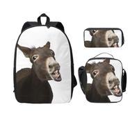 SDFCUMDM Cartable avec imprimé âne drôle + trousse + sac à déjeuner pour un usage quotidien, Noir , Taille unique