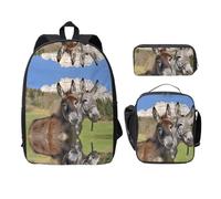 SDFCUMDM Cartable avec imprimé ânes drôles + trousse + sac à déjeuner pour un usage quotidien, Noir , Taille unique