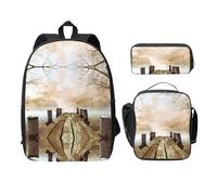 SDFCUMDM Cartable en bois avec imprimé feuilles mortes + trousse + sac à déjeuner pour un usage quotidien, Noir , Taille unique