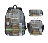 SDFCUMDM Cartable en bois imprimé campagne + trousse + sac à déjeuner pour un usage quotidien, Noir , Taille unique