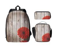 SDFCUMDM Cartable en bois rétro motif fleur rouge dahlia imprimé cartable + trousse + sac à déjeuner combinaison pour un usage quotidien, Noir , Taille unique