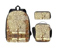 SDFCUMDM Cartable imprimé arbre de vie + trousse + sac repas combinaison pour tous les jours, Noir , Taille unique
