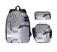 SDFCUMDM Cartable imprimé arbre et bonshommes de neige blanc + trousse + sac repas combinaison pour un usage quotidien, Noir , Taille unique
