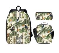 SDFCUMDM Cartable imprimé arbres et animaux + trousse + sac repas combinaison pour tous les jours, Noir , Taille unique