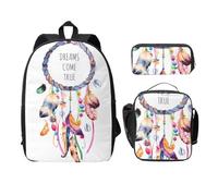 SDFCUMDM Cartable imprimé attrape-rêves bohème + trousse + sac à déjeuner pour tous les jours, Noir , Taille unique