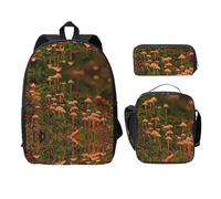 SDFCUMDM Cartable imprimé champignon sauvage + trousse + sac à déjeuner combinaison pour un usage quotidien, Noir , Taille unique