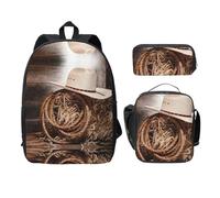SDFCUMDM Cartable imprimé chapeau de rodéo américain ouest + trousse + sac repas combinaison pour tous les jours, Noir , Taille unique