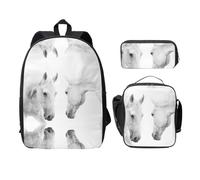 SDFCUMDM Cartable imprimé chevaux blancs + trousse + sac repas combinaison pour tous les jours, Noir , Taille unique