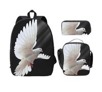 SDFCUMDM Cartable imprimé colombe volante + trousse + sac à déjeuner pour un usage quotidien, Noir , Taille unique