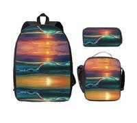 SDFCUMDM Cartable imprimé coucher de soleil bord de mer + trousse à crayons + sac déjeuner combinaison pour tous les jours, Noir , Taille unique