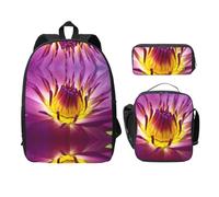 SDFCUMDM Cartable imprimé fleur de lotus jaune + trousse + sac repas combinaison pour un usage quotidien, Noir , Taille unique