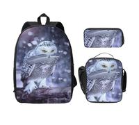 SDFCUMDM Cartable imprimé hibou arctique + trousse + sac à déjeuner pour un usage quotidien, Noir , Taille unique