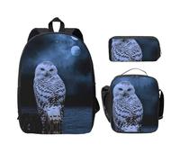 SDFCUMDM Cartable imprimé hibou la nuit + trousse + sac à déjeuner pour tous les jours, Noir , Taille unique