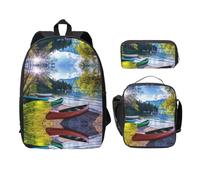 SDFCUMDM Cartable imprimé lac avec bateaux canoës parc + trousse + sac à déjeuner combinaison pour tous les jours, Noir , Taille unique