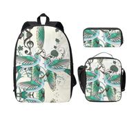 SDFCUMDM Cartable imprimé notes de musique bleu sarcelle + trousse + sac à déjeuner pour un usage quotidien, Noir , Taille unique