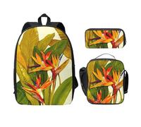 SDFCUMDM Cartable imprimé oiseau de paradis tropical + trousse + sac à déjeuner pour tous les jours, Noir , Taille unique