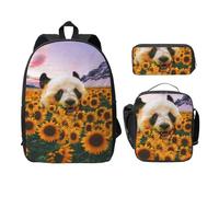 SDFCUMDM Cartable imprimé panda tournesol + trousse à crayons + sac déjeuner combinaison pour tous les jours, Noir , Taille unique