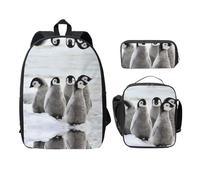 SDFCUMDM Cartable imprimé pingouin empereur + trousse + sac à déjeuner pour un usage quotidien, Noir , Taille unique