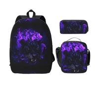 SDFCUMDM Cartable imprimé tête de panthère en flammes + trousse + sac à déjeuner pour tous les jours, Noir , Taille unique