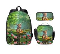 SDFCUMDM Cartable imprimé tigre et lotus fleurs + trousse + sac repas combinaison pour tous les jours, Noir , Taille unique