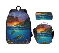 SDFCUMDM Cartable imprimé tortues de mer + trousse + sac à déjeuner pour un usage quotidien, Noir , Taille unique