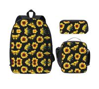 SDFCUMDM Cartable imprimé tournesol fleurs plantes noir et jaune + trousse + sac repas combinaison pour un usage quotidien, Noir , Taille unique