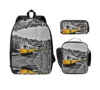 SDFCUMDM Cartable imprimé train urbain + trousse + sac repas combinaison pour tous les jours, Noir , Taille unique