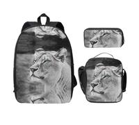 SDFCUMDM Cartable Lionne aux Yeux Bleus Vert Imprimé Cartable + Trousse + Sac Déjeuner Combinaison pour un usage quotidien, Noir , Taille unique