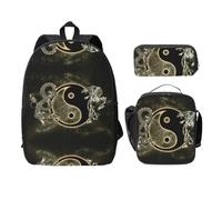 SDFCUMDM Cartable Yin Yang Dragon Tigre Imprimé Cartable + Trousse + Sac Déjeuner Combinaison pour un usage quotidien, Noir , Taille unique
