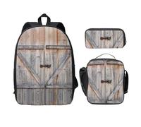 SDFCUMDM Country Barn Wood Door Print Cartable + trousse + sac à déjeuner pour un usage quotidien, Noir , Taille unique