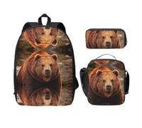 SDFCUMDM Grizzly Bear Sac d'école + trousse + sac repas pour tous les jours, Noir , Taille unique
