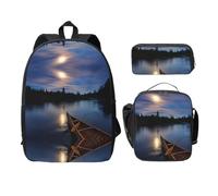 SDFCUMDM Moonlit Canoë Allagash River Print Cartable + Trousse + Sac Déjeuner Combiné pour un usage quotidien, Noir , Taille unique